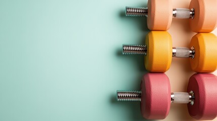 A vibrant display of colorful dumbbells stacked neatly against a pastel backdrop, emphasizing fitness, health, and a fun approach to exercise and wellness.