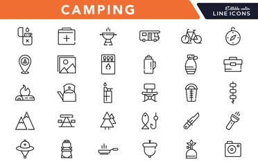 Camping linear icon set. Adventure, tourism, hiking, bonfire, backpack, tent, travel, landscape, climbing, kayak, map, camp, forest, outdoor websites outline vector icon set. UI thin line icon pack.