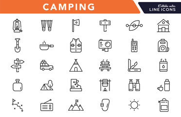 Camping linear icon set. Adventure, tourism, hiking, bonfire, backpack, tent, travel, landscape, climbing, kayak, map, camp, forest, outdoor websites outline vector icon set. UI thin line icon pack.