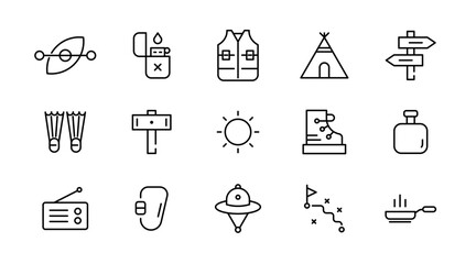 Camping linear icon set. Adventure, tourism, hiking, bonfire, backpack, tent, travel, landscape, climbing, kayak, map, camp, forest, outdoor websites outline vector icon set. UI thin line icon pack.