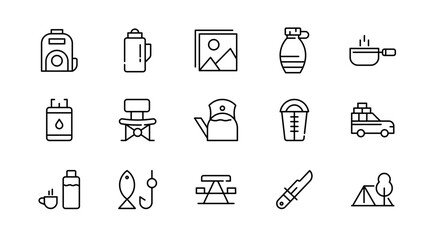 Camping linear icon set. Adventure, tourism, hiking, bonfire, backpack, tent, travel, landscape, climbing, kayak, map, camp, forest, outdoor websites outline vector icon set. UI thin line icon pack.