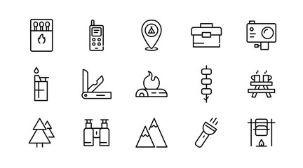 Camping linear icon set. Adventure, tourism, hiking, bonfire, backpack, tent, travel, landscape, climbing, kayak, map, camp, forest, outdoor websites outline vector icon set. UI thin line icon pack.
