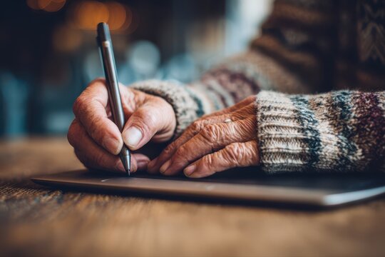 A creative freelancer working on graphic design projects while holding a pen and writing on a laptop in a cozy workspace.