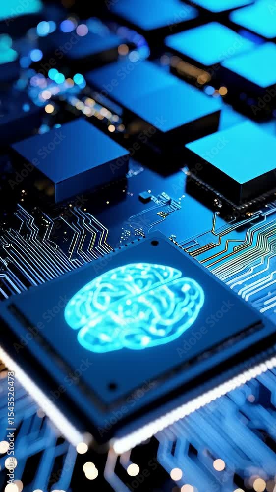Poster artificial intelligence brain on a microchip motherboard, showcasing the future of technology and ne