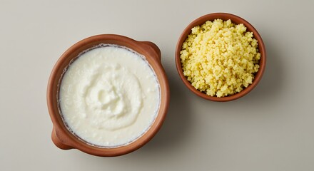 Top view of sour milk (lait caillé) served with millet porridge, bowl placed at lower left third, minimalist neutral background.