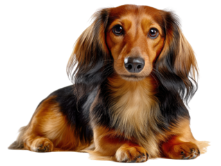 Dachshund's Serene Pose: A charming, long-haired Dachshund exudes warmth and contentment. Its expressive eyes and relaxed posture convey the joy of companionship. 