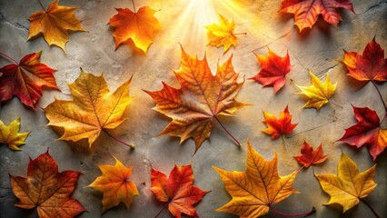 Autumnal foliage arrangement featuring vibrant maple leaves in various shades of red, orange, and yellow, illuminated by a radiant sunbeam, scattered on a textured surface.