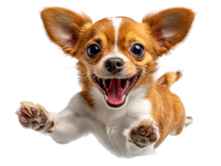 Joyful Puppy in Flight: A delightful image capturing a tiny Chihuahua in mid-air, expressing pure happiness and exuberance, with its infectious smile and bright, captivating eyes.