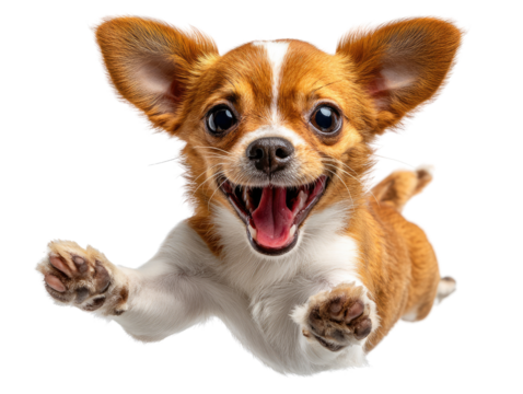 Joyful Puppy in Flight: A delightful image capturing a tiny Chihuahua in mid-air, expressing pure happiness and exuberance, with its infectious smile and bright, captivating eyes.