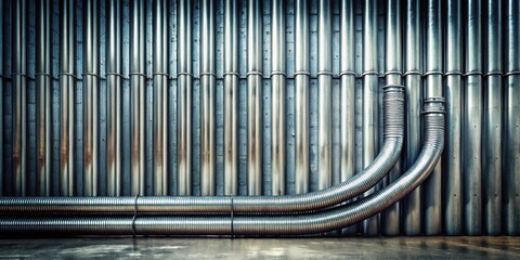 Obraz premium Industrial metallic pipes and corrugated tubing form a striking composition against a textured wall.