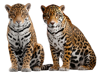 Obraz premium Majestic Pair: Two magnificent jaguars, with striking spotted coats and piercing eyes, pose against a backdrop of the scene. Capturing the essence of the wild beauty