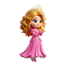 A charming cartoon princess with flowing golden hair and a tiara stands holding a yellow bird against a transparent background. She is dressed in a pink gown.