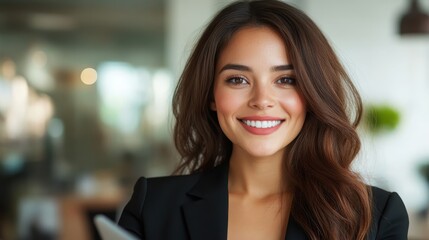 Fototapeta premium A confident and professional woman smiles warmly in a contemporary office environment, showcasing a blend of professionalism and approachability in her demeanor.