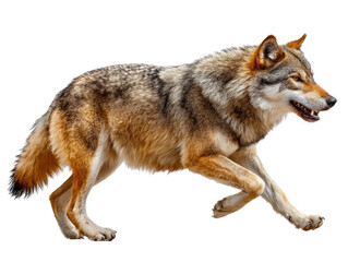 Obraz premium Majestic Wolf in Motion: A solitary gray wolf sprints dynamically, showcasing its raw power and agility, against a neutral background, a symbol of wilderness.