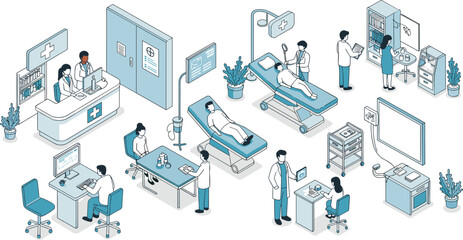Isometric Healthcare Environment: Doctors, Nurses, and Patients Interacting in Hospital Setting with Medical Equipment and Digital Records for Modern Treatment.