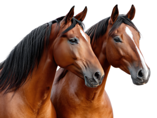 Elegant Duo: A pair of stunning brown horses with sleek coats and flowing manes stand side by side, their heads held high, portraying equine grace and beauty.