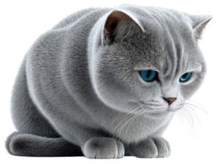 Silver Cat Portrait: A majestic silver cat with striking blue eyes, depicted in a photorealistic and alluring studio portrait, exudes an air of regal charm and serene introspection.
