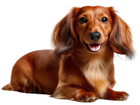 Loyal Companion: A detailed shot of a dachshund lying down, showcasing its unique long body, floppy ears, and endearing expression. The warm tones of the coat suggest a happy, friendly.