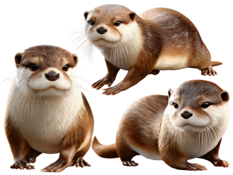 Playful Otter Poses: Capturing the captivating charm of river otters with an engaging array of three distinct poses, showcasing their agile bodies and expressive demeanor.