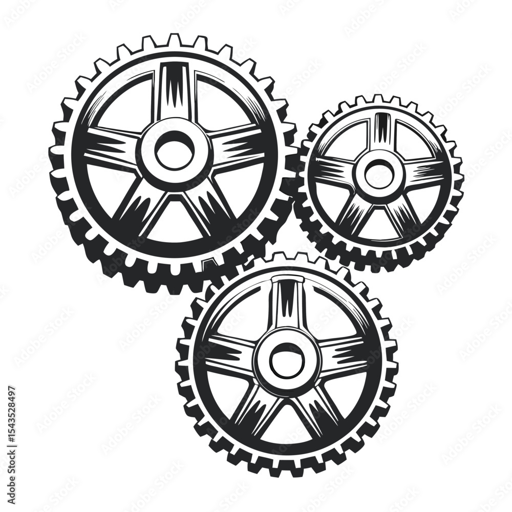 Poster illustration of three interlocking gears: a detailed black and white vector image depicting precisio