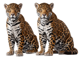  Majestic Jaguar Portrait: Two striking jaguars, with their distinctive spotted coats and piercing gaze, sit attentively in a captivating studio shot.