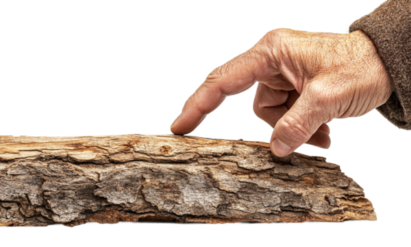 Close-up of a hand touching or pointing at something with a finger, isolated on transparent background.