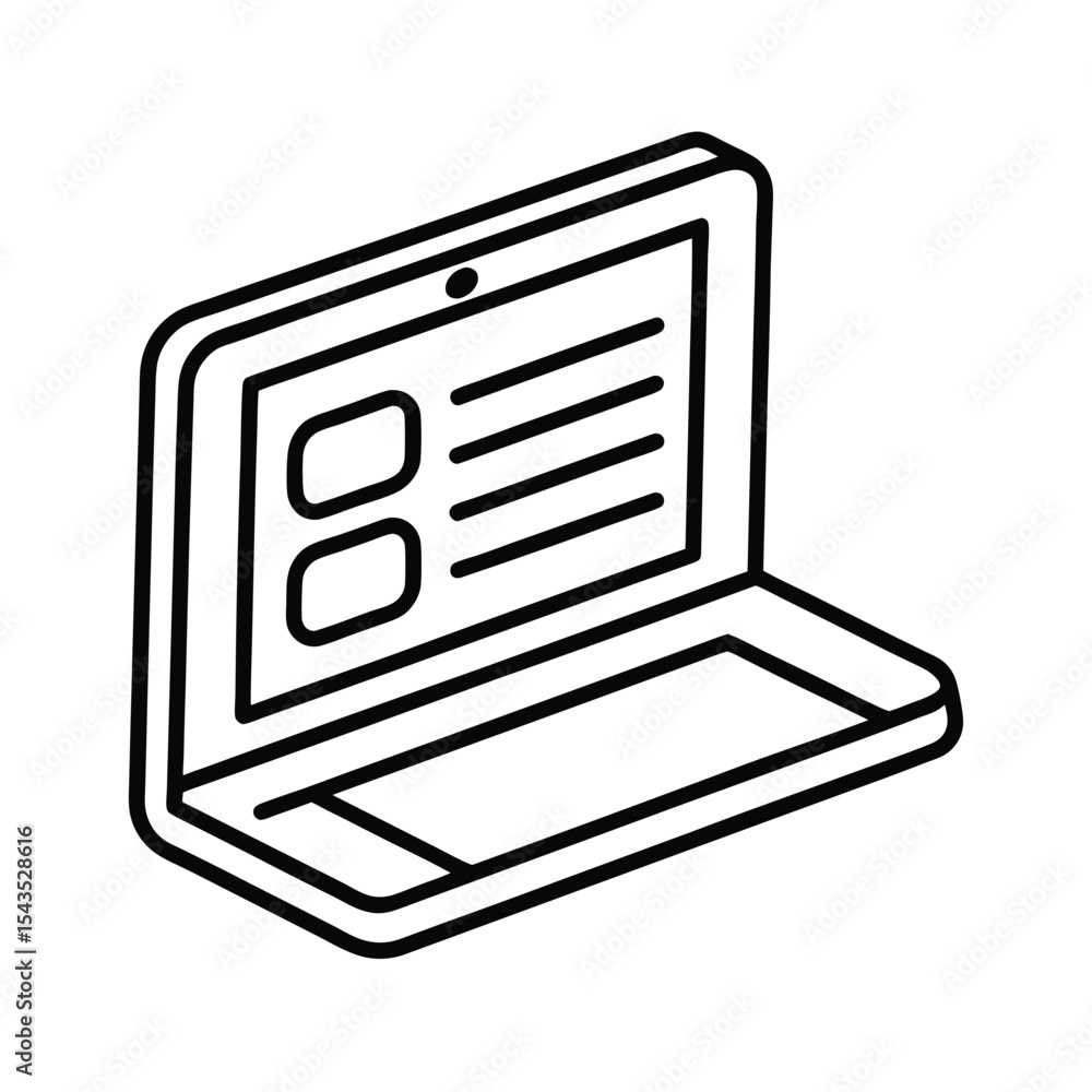 Poster simple line art illustration of a laptop computer displaying onscreen content and information