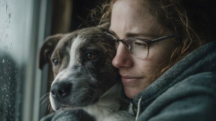 A person holding a framed photo of a dog near a window