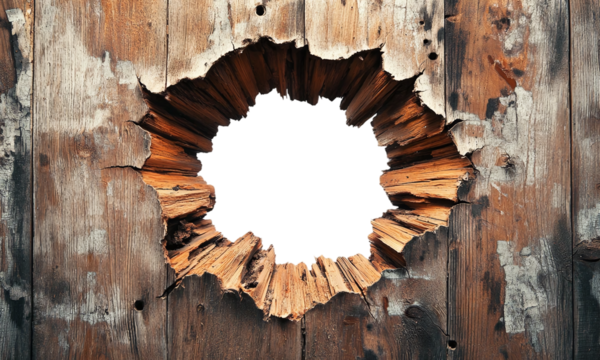 Hole breaking through wooden wall isolated on transparent background.