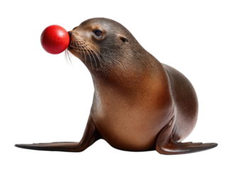 Sea Lion's Playful Display: A charming sea lion balances a vibrant red ball on its nose, showcasing its impressive agility and playful personality in a moment of delightful entertainment.