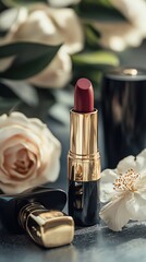 Elegant lipstick with fresh roses on a table.