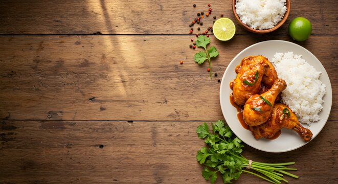 Flat lay of Kati kati (grilled chicken with palm oil sauce), plate placed at right third, rustic wooden table setting