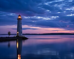 Peaceful Lighthouse at Dusk &ndash; Tranquil Coastal Sunset Reflection