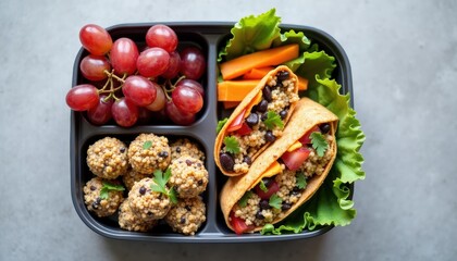 Healthy Meal Prep with Quinoa Tacos, Fresh Grapes, and Veggie Snack in Lunchbox