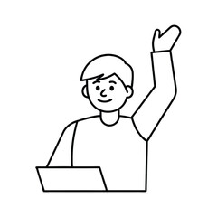 Obraz premium Smiling person raising hand while working on a laptop simple black and white illustration