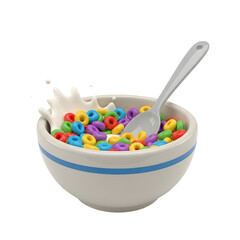 Colorful cereal rings in a bowl with milk splash and spoon on a transparent background. The image features a close-up shot of breakfast food with various bright colors.