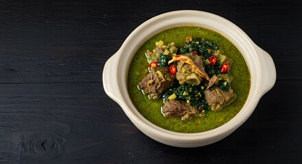 Top view of Egusi soup with beef and dried fish, ceramic plate placed off-center using rule of thirds, vibrant red pepper garnish