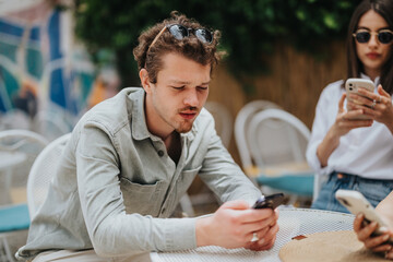 Group of individuals at a cafe table focused on their smart phones, enjoying a casual day outdoors.