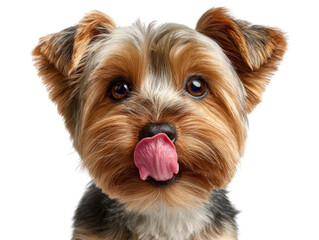 Yorkshire Terrier with Tongue Out: A close-up, adorable Yorkshire Terrier, captured in a studio environment with its tongue playfully sticking out, showcasing the dog's unique charm.