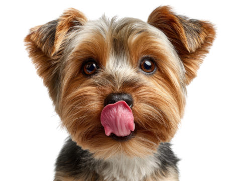 Yorkshire Terrier with Tongue Out: A close-up, adorable Yorkshire Terrier, captured in a studio environment with its tongue playfully sticking out, showcasing the dog's unique charm.