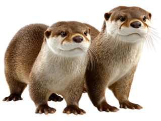 Playful Otter Duo: Two charming otters, with their expressive eyes and sleek, wet fur, stand together, exuding an aura of curiosity and connection.