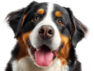 Bernese Mountain Dog's portrait: a close-up portrait of Bernese Mountain Dog with its distinctive black, brown, and white markings, exuding friendliness and warmth, with captivating eyes.