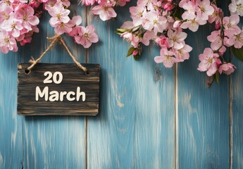 A Beautiful Floral Arrangement on Rustic Wooden Sign Indicating the Date of March 20th - traditional holiday earth day and spring equinox. Amidst a Charming Blue Background