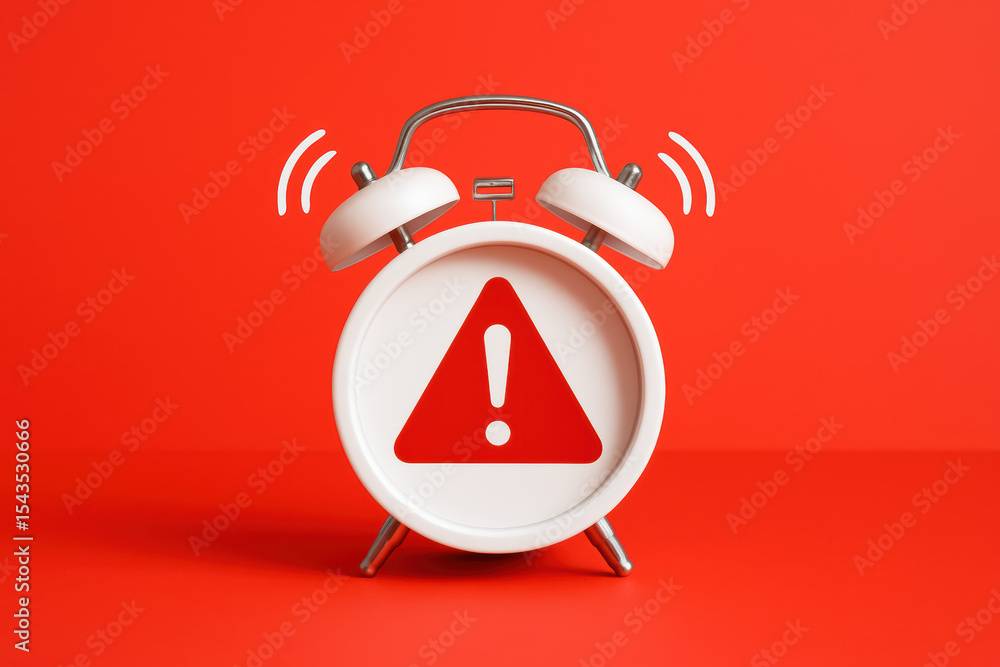 Poster urgency and alertness are symbolized by a classic white alarm clock featuring a red warning sign emp