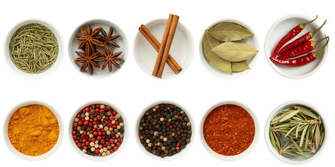 Assorted Spice and Herb Bowls in Neat Top View on Transparent Background