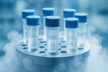 Innovation and precision drive this cryogenic storage setup where clear vials with blue caps hold samples amid vapor fog for reliable preservation