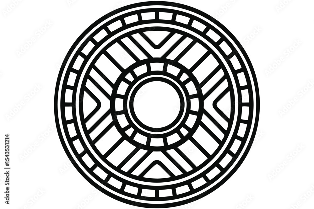 Aufkleber monochrome circular geometric design: outline of a geometric circle with chevron and grid patterns, 