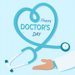 Doctor's Day greeting card with stethoscope designed in the shape of a heart, and doctor hand. Vector, celebration banner, poster, postcard, template.