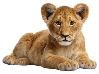 Obraz premium Playful Lion Cub: A close-up of a charming lion cub, resting comfortably with an endearing gaze, showcasing its soft fur and playful nature.