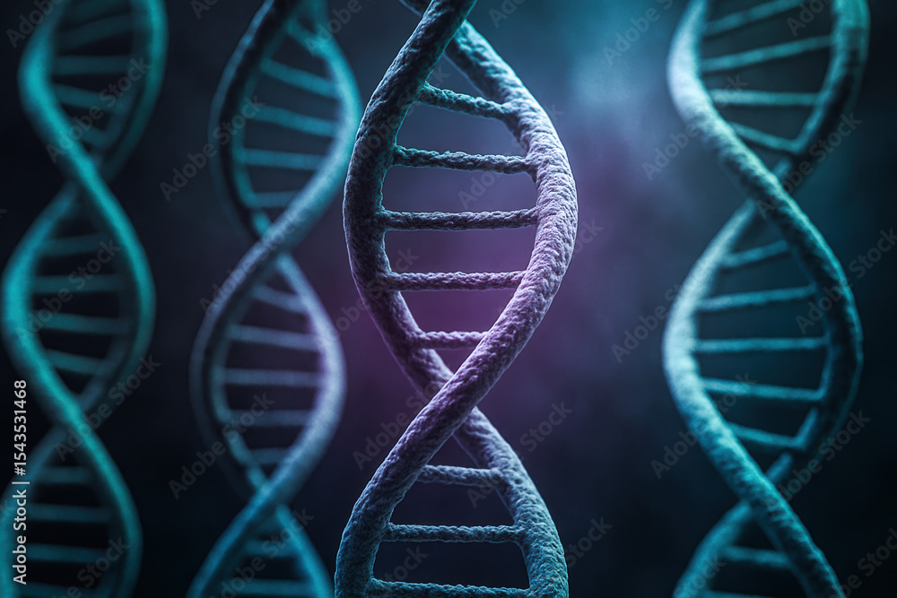 Poster innovation and progress emerge from intertwined dna strands symbolizing complex structures and conti